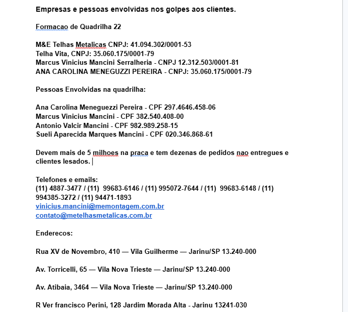 Documento: Empresas e pessoas envolvidas nos golpes — M&E Telhas Metálicas, Telha Vita, CNPJs, CPFs e endereços