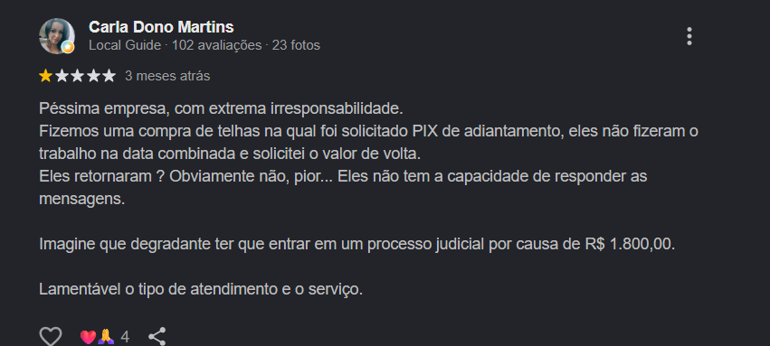 Avaliação Google: Carla Dono Martins — PIX de adiantamento, não fizeram o trabalho, não devolveram