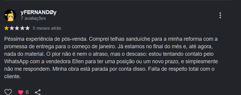 Avaliação Google: yFERNANDØy — sem entrega, sem resposta, obra parada