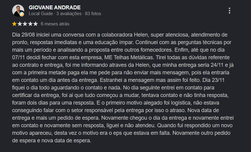 Avaliação Google: Giovane Andrade — pagou entrada, empresa sumiu, obra parada